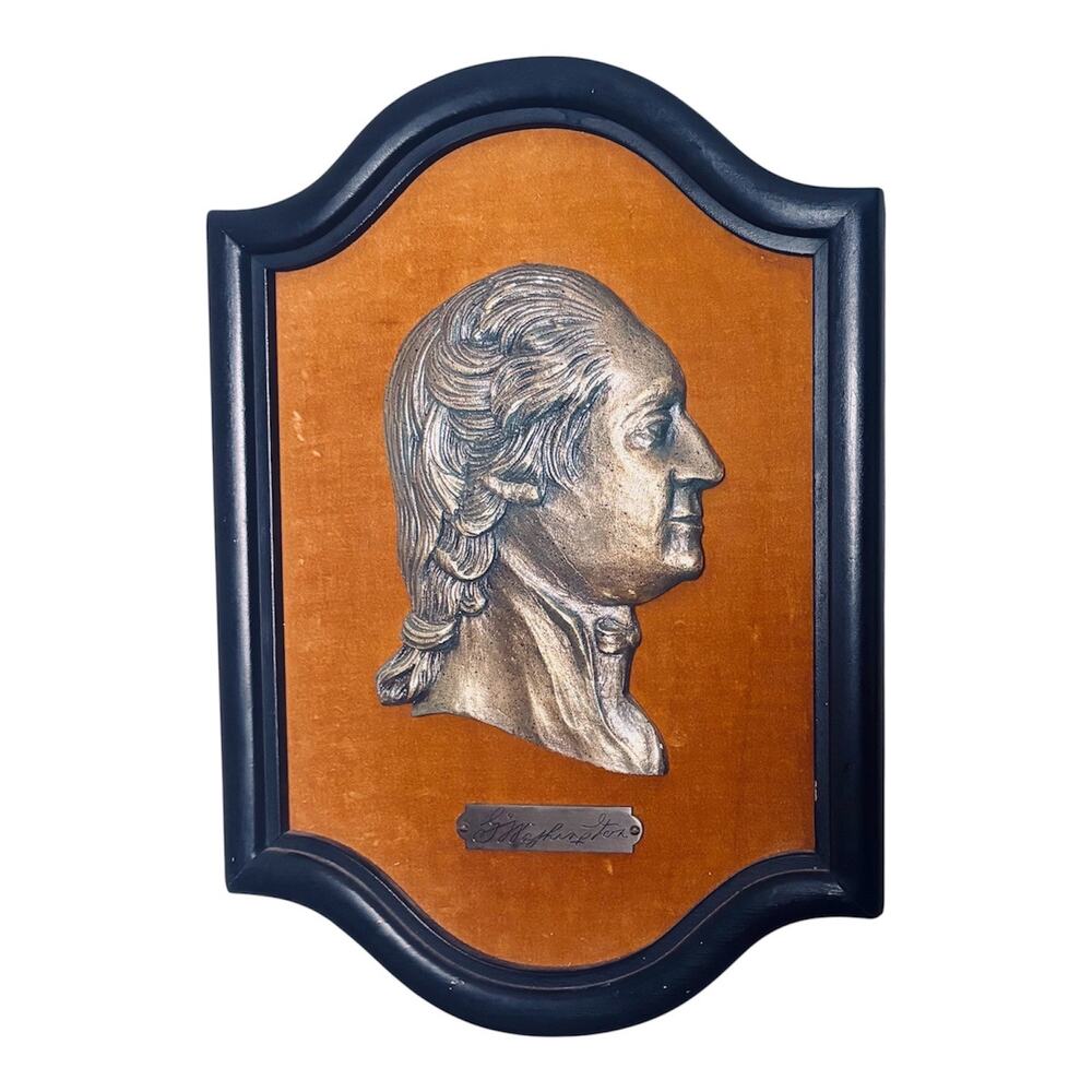 George Washington Cameo Vtg Plaque Cast Metal Velvet Backing Wood Frame 16x12